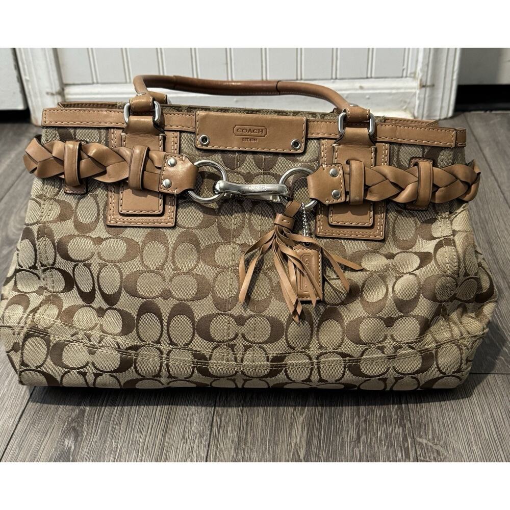 Coach Bag F13068 Signature Canvas Brown Khaki Braided Leather Handbag Hampton